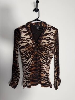 Etcetera Brown Tiger-Print Ruched V-Neck Top